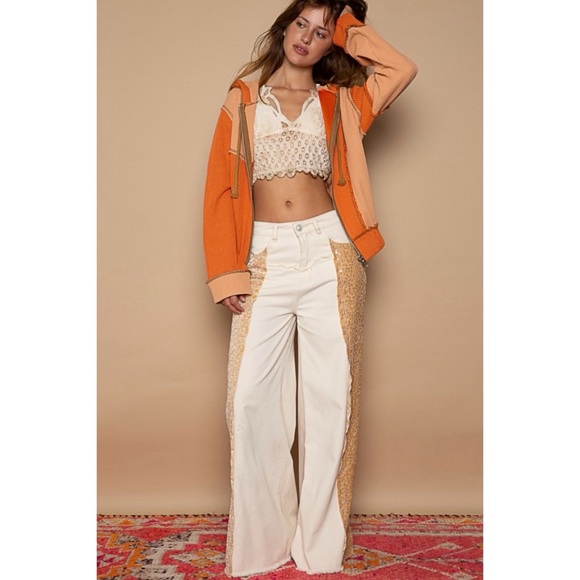 POL Floral Sequin & Velvet Side Stripe Wide Leg Jeans - Picture 9 of 15